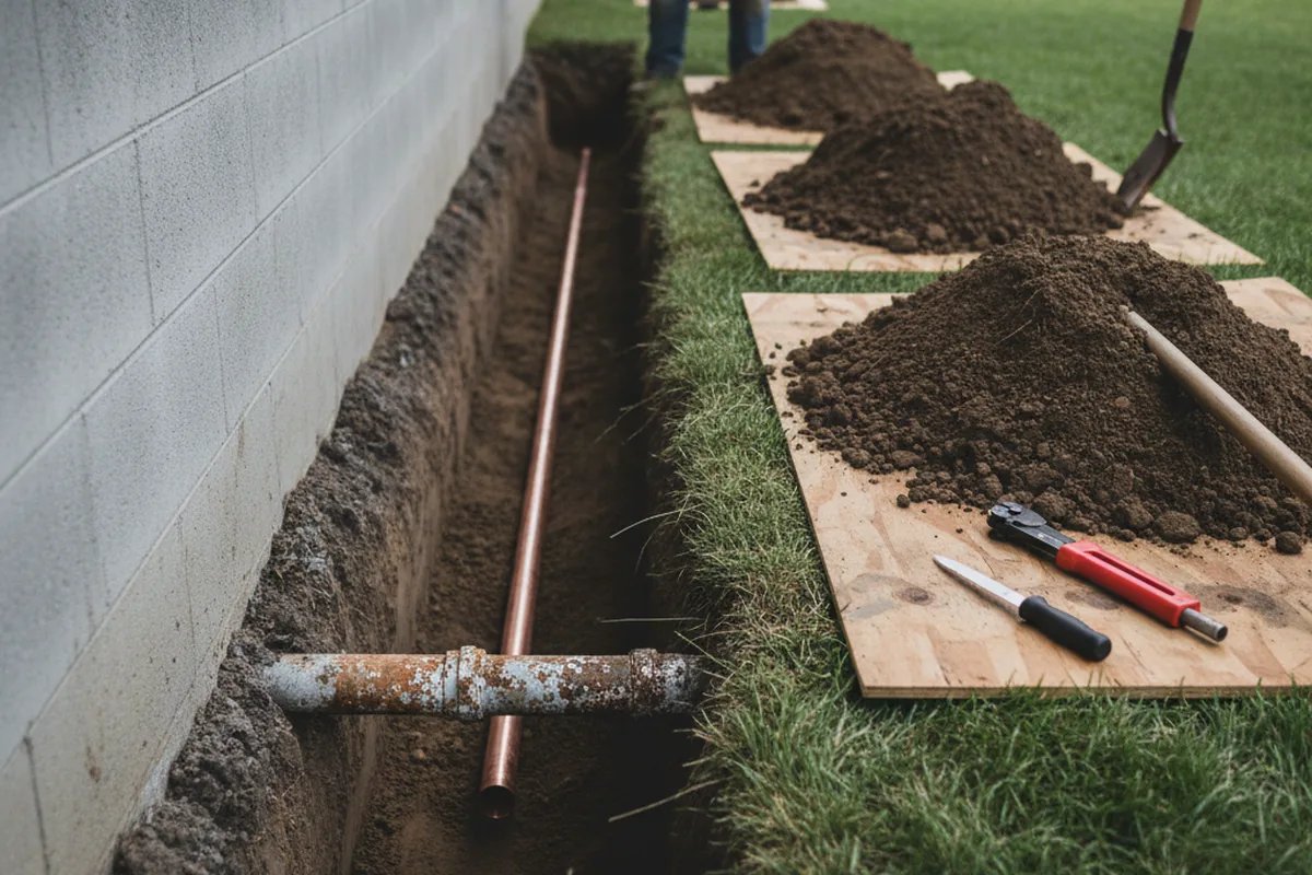 Excavated water line trench during Sewer Line Repair in Yakima